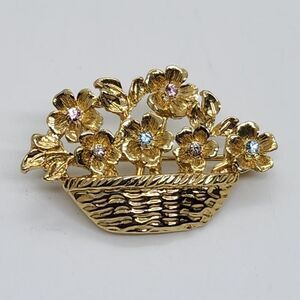 Vintage Gold Tone‎ Basket Of Flowers Brooch